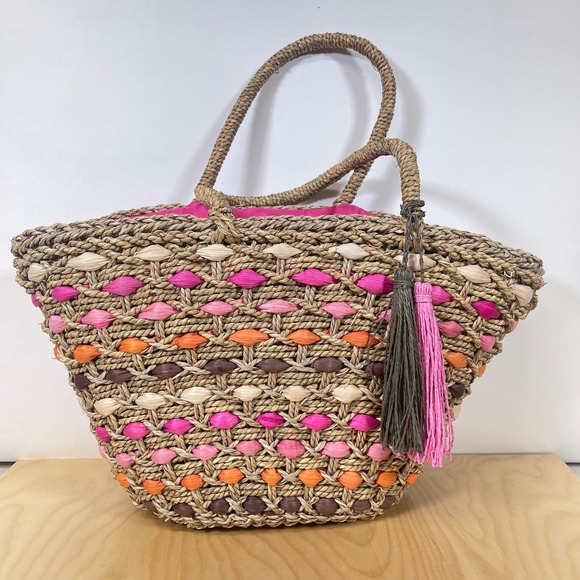 Cynthia Rowley Woven Straw Tote Bag Colorful Raffia Beach Bag with Tassels - Picture 1 of 12